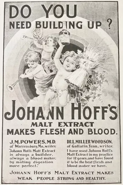 1899 JOHANN HOFF'S Malt Extract Vtg Quack Health Beer Print Ad~Cherub w/Bottle