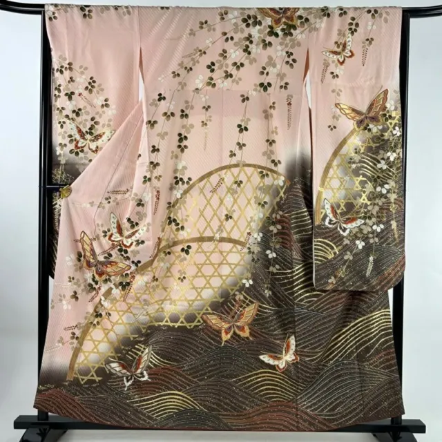 Woman Japanese Kimono Furisode Silk Butterfly Hagi Gold Foil Blur Light Pink
