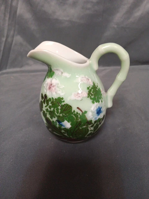 Vintage Creamer Pitcher Light Green Handpainted Flowers