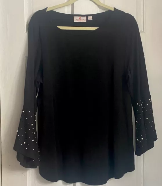 Quacker Factory Top Women’s Size XL Black Sequin & Beaded Sleeves Soft Knit