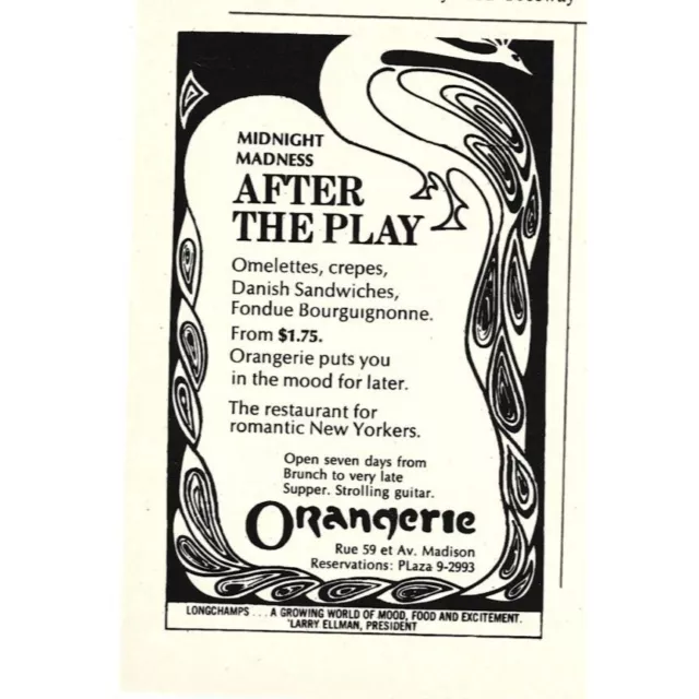 After the Play Orangerie New York 1960s Vintage Print Ad