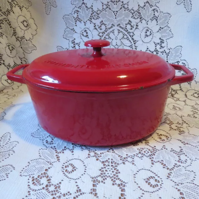 Authentic Kitchen Cast Iron Roaster / Dutch Red & White Enameled Oval  *