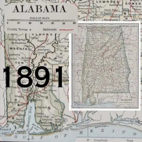 1891 Alabama Map Antique Full Color Railroads Rivers Mountains Mobile Bay South