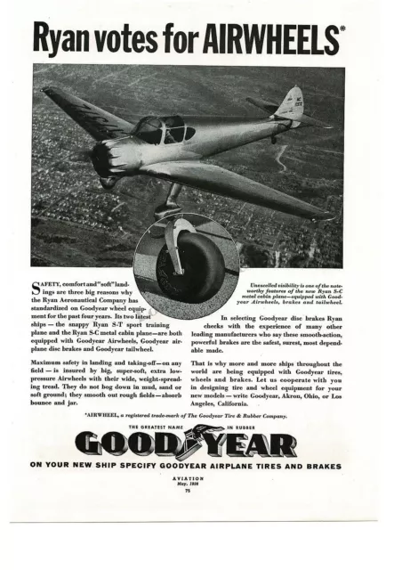 1938 GOODYEAR Airplane Tires on RYAN S-T Sport Training Plane Vintage Print Ad