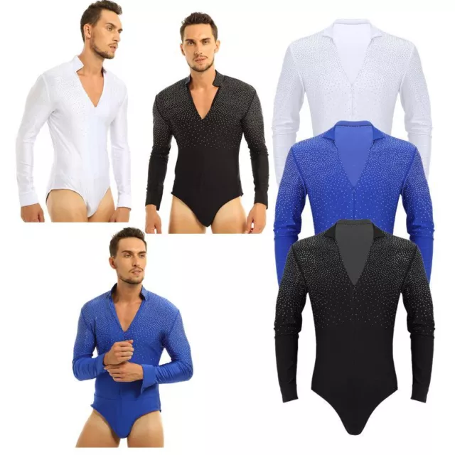 Paillettes da uomo collo a V camicie da ballo body moderne latine maniche lunghe abbigliamento da ballo