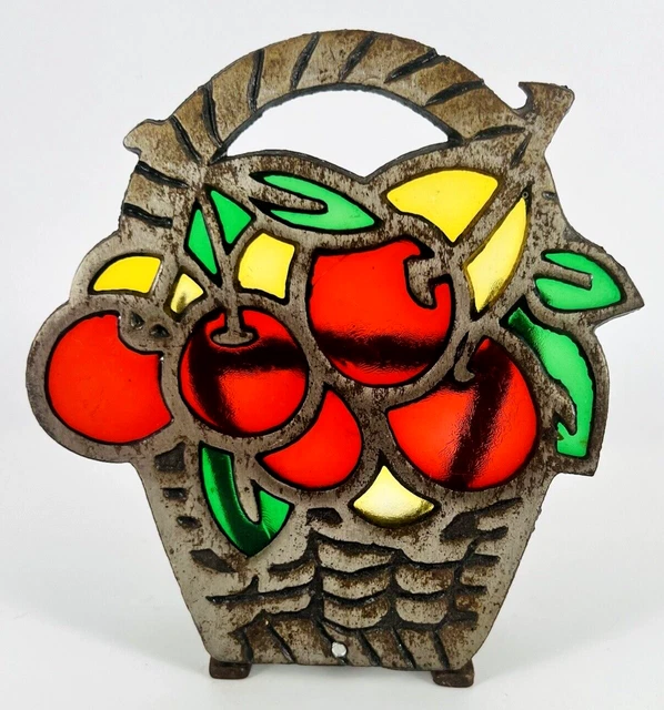 Vtg Stained Glass Napkin Letter Holder Cast Iron Metal Cherries in a Basket 5.5"