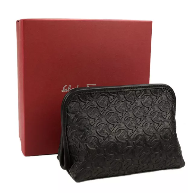 SALVATORE FERRAGAMO Black Gancini Embossed Leather Travel Shoe Care Kit NWT