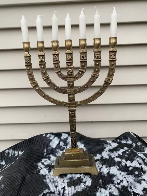 VTG BRASS Menorah Hanukkah Jewish   RARE JERUSALEM  UNIQUE LG 15” Star Of David