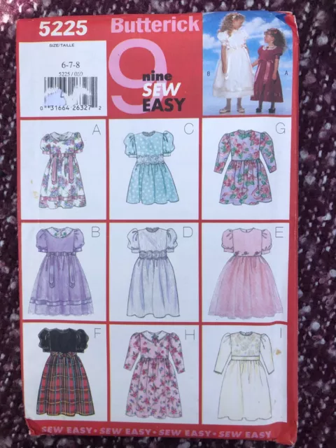 Butterick Nähmuster 5225 9 Nähen einfach Kinder Mädchen Kleid Alter 6-7-8 ungeschnitten