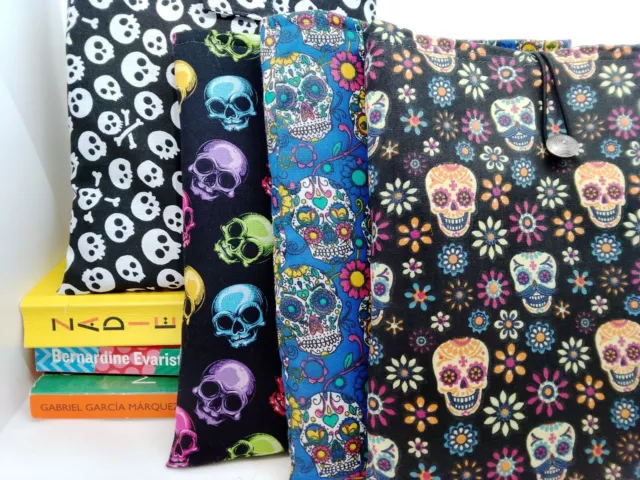 Handmade book sleeve kindle iPad pouch. skulls day of dead Gothic EMO Xmas gift