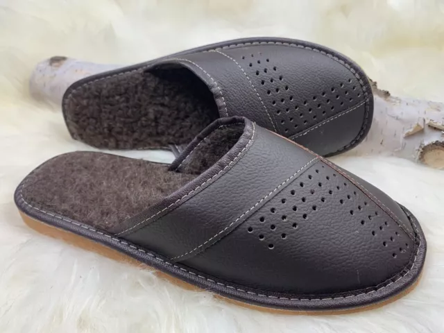 Men Slippers Natural Leather Flat Close Toe Slides Size US 8 9 10 11 12