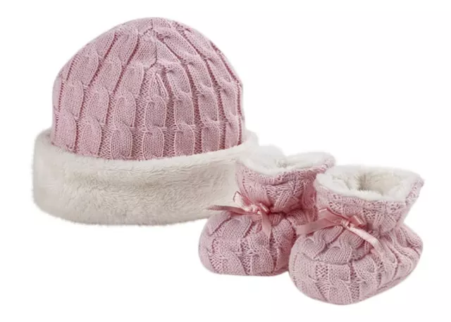 Natures Purest Fur Lined Cable Knit Hat & Booties Set - Pink (0098D)