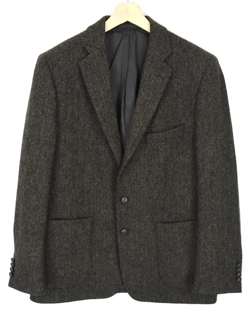 Harris Tweed Giacca Uomo ~ Medio Lana Pesce Gomito Patch Dentellato Bavero