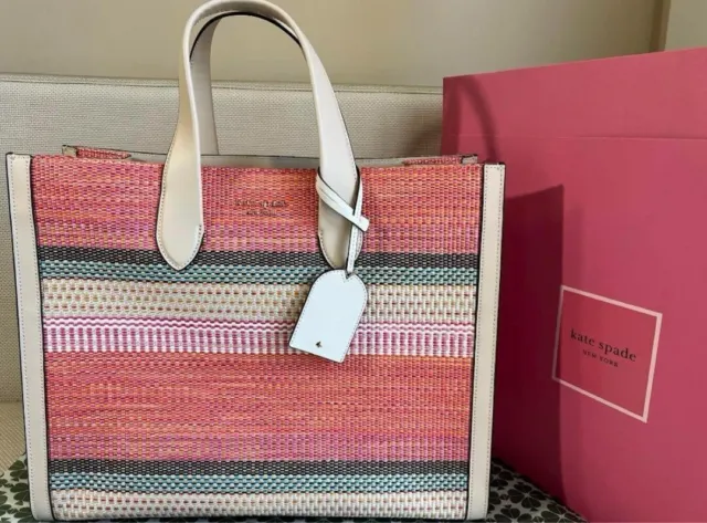 Kate Spade Manhattan Plaid Chunky Woven Large Tote In Pink W/Dust Bag NEW Fr JPN