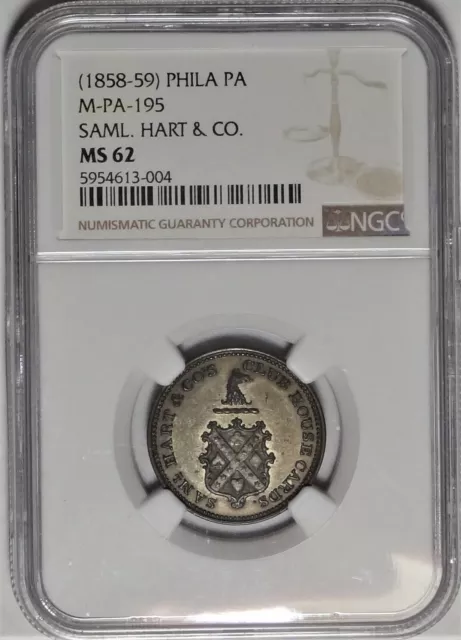 1858-59 Philadelphia Samuel Hart & Co Playing Cards Trade Token PA-195 NGC MS62