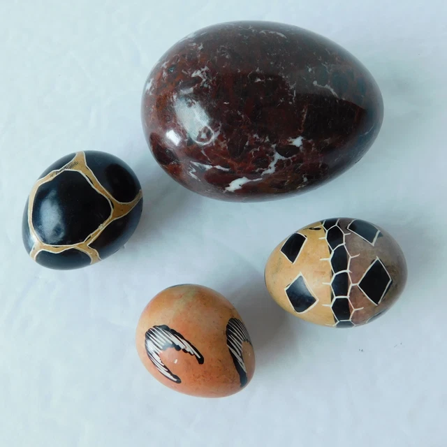 Burgundy Marble & Stone Egg Lot of 4, Vintage Kenyan (3) Carved Etched & Painted