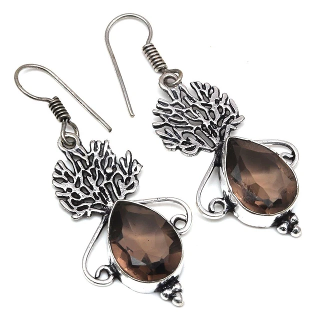 Smoky Quartz Gemstone Handmade Gift For Her 925 Silver Jewelry Earrings 1.5''