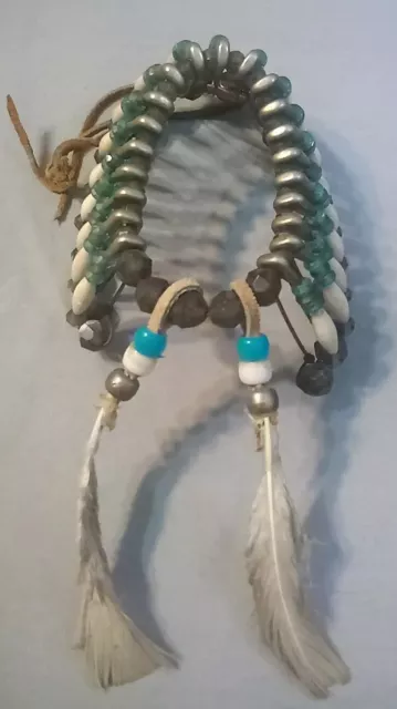 Vintage Silver Safety Pin Native American Headdress Beaded Feathers