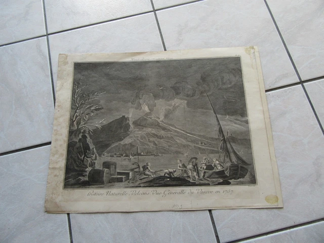 LARGE ENGRAVING VOLCANO ITALY SEEN FROM VESUVIUS IN 1757 NAPLES 18th Italia vulcano