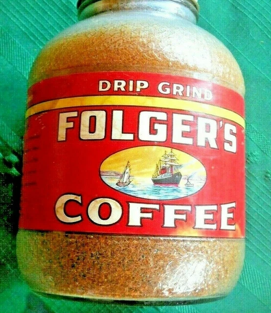 JAR W/LABEL NO lid "FOLGER'S COFFEE DRIP GRND" c1940 San Francisco