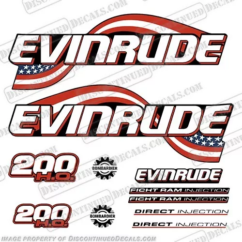 Evinrude 200hp H.O. Flag Series Outboard Decal Kit - 2003 2004 2005 High Out
