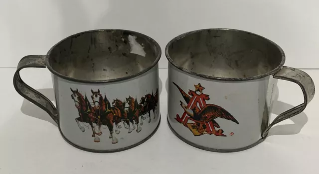 2Vintage Anheuser Busch Budweiser Beer Metal Tin Mug Cup Clydesdales Grants Farm