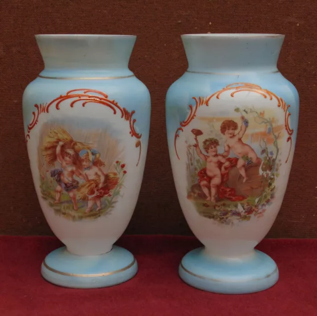 rare magnifique ancienne paire de vase opaline NAP III décors putti bon état