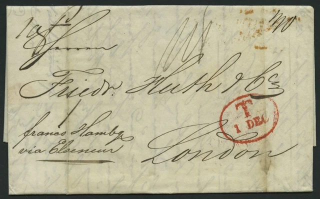 HAMBURG-GRENZÜBERGANGSSTEMPEL 1843, T 1 DEC, in rot auf Brief von Götheborg (rüc