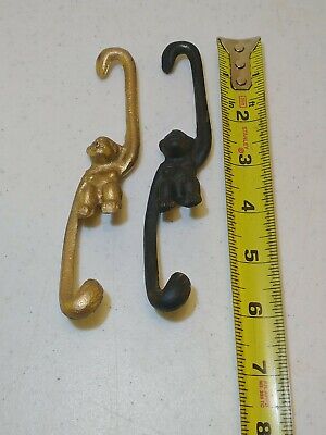 (2) 6" Vintage Cast Iron Monkey Hanging Hook  One Painted Hold Other Unpainted