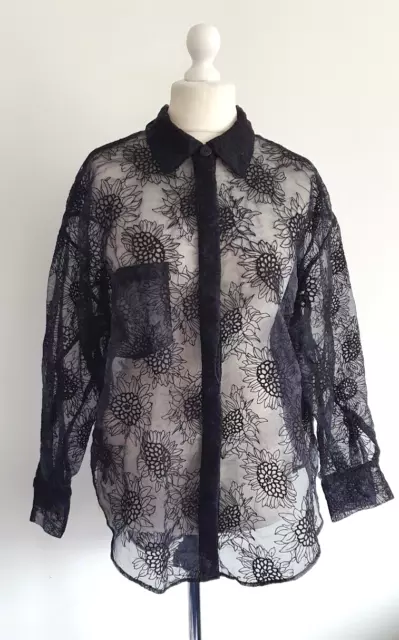 Sandra Mansour X H&M Blouse Top Oversized Shirt, L, Black Embroidered Sheer BNWT