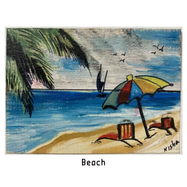 ACEO ORIGINAL PAINTING Mini Collectible Art Card Nature Beach Sea Boat Ooak