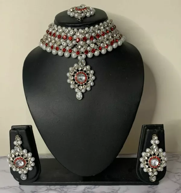 New Silver Red Green Pink Indian Costume Jewellery Necklace Earrings Set