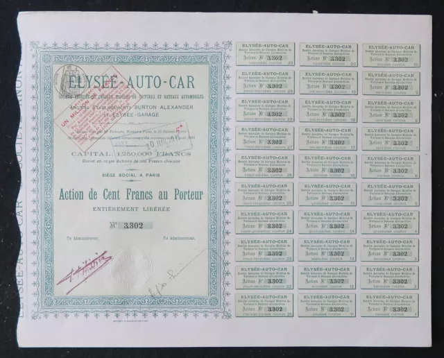 Action 1911 ELYSEE AUTO-CAR BURTON ALEXANDER PARIS   titre bond share 5