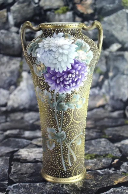 Antique Nippon Porcelain Vase Hand Painted Chrysanthemum Raise Gold Dots