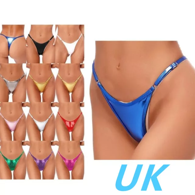 UK Womens Shiny Metallic G-String Thong Sexy Low Rise Bikini Briefs Swimsuit