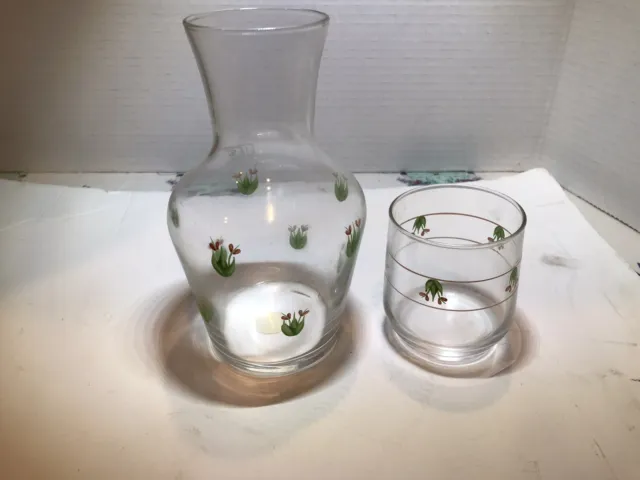 Clear Glass Tumble Up Set Bedside Carafe & Cup Hand Painted Flowers