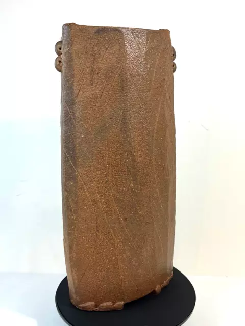 Japanese Ceramic Ikebana Vase Singed Hand Formed Brown 14" *