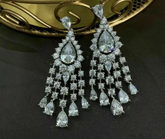 14K White Gold Over 2CT Diamond Womens Dangle Long Chandelier Waterfall Earrings