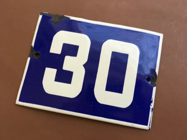 ANTIQUE VINTAGE FRENCH ENAMEL SIGN HOUSE NUMBER 30 DOOR GATE SIGN BLUE 1950's