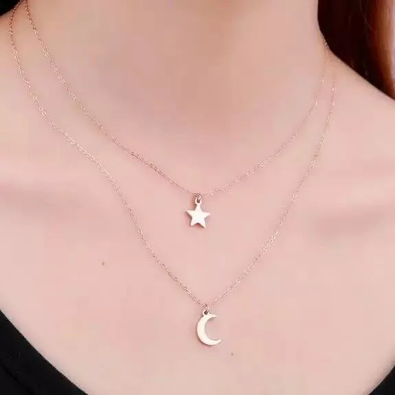 Womens Silver Gold Necklace Star And Moon Double Layer Chain Choker Pendant Long