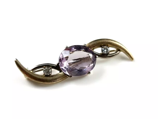 Brosche Gold 585 14k Amethyst Brillant lila - geschwungen & mattiert