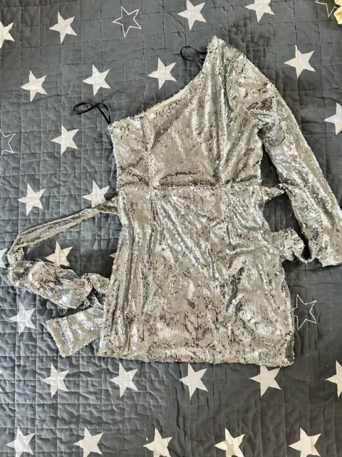 Missguided - Peace + Love Silver Sequin One Shoulder Wrap Mini Dress Size 10 3