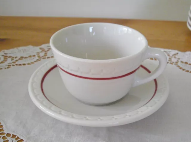 Vintage Syracuse China Railroad CARDINAL RED LINE Econo-Rim Teacup +Saucer ~