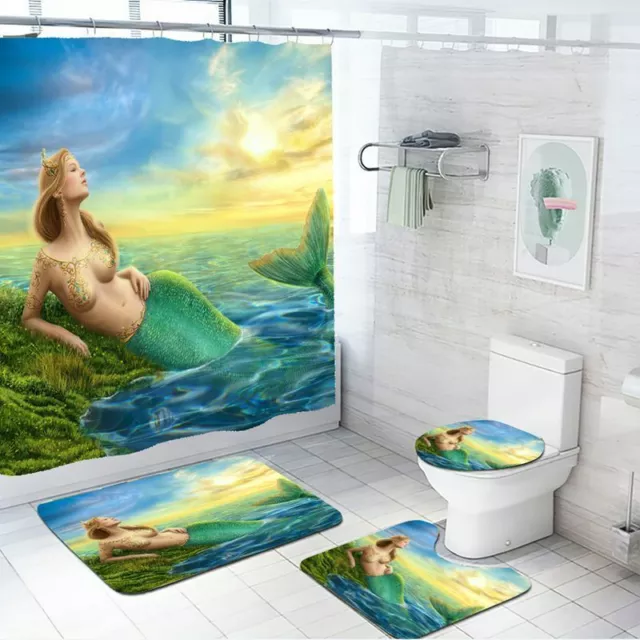 Beautiful Mermaid Waterproof Shower Curtain Non-Slip Bath Mat Toilet Cover Set