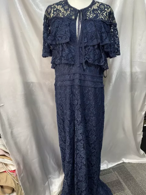 NWOT TADASHI SHOJI Size 18 Navy Blue Fringe-Trim Long Lace Dress 63” Tail Back