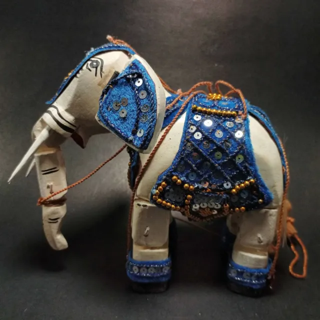 Elephant Blue Saddle Burmese Wood Marionette String Puppet Asian Folk Art Toy