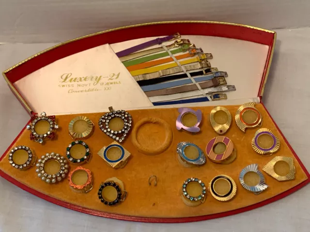 Luxery-21 De Luxe Interchangeable Bezels Bands 17 Jewels Rhinestone In Case Vtg