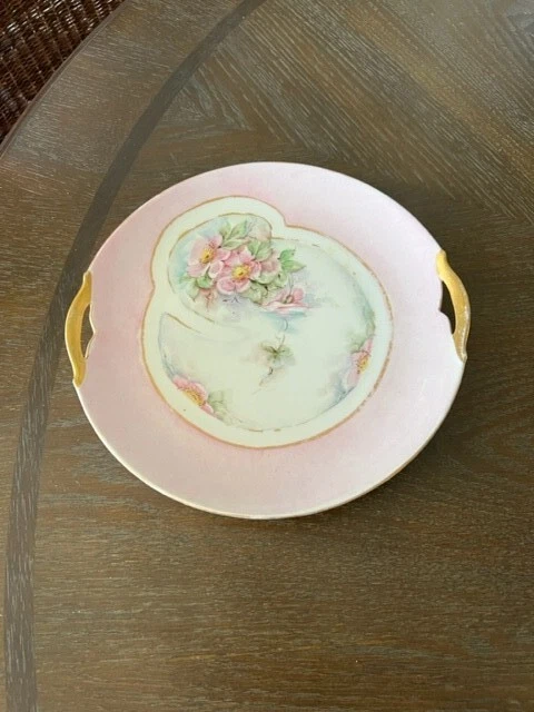 Vtg KPM Silesia Germany Floral Hand Painted Cake Plate Gold Trim Handles 9.5"