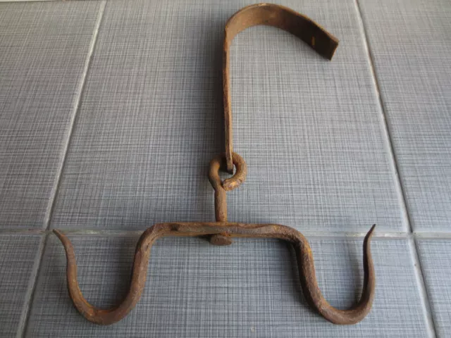 LARGE ANTIQUE 19th C. Hand Forged Wrough Iron Hook Hanger Old Fireplace Vintage