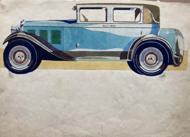 Aquarell Oldtimer Auto Limosine rücksieit Elfanten Herde Afrika um 1920